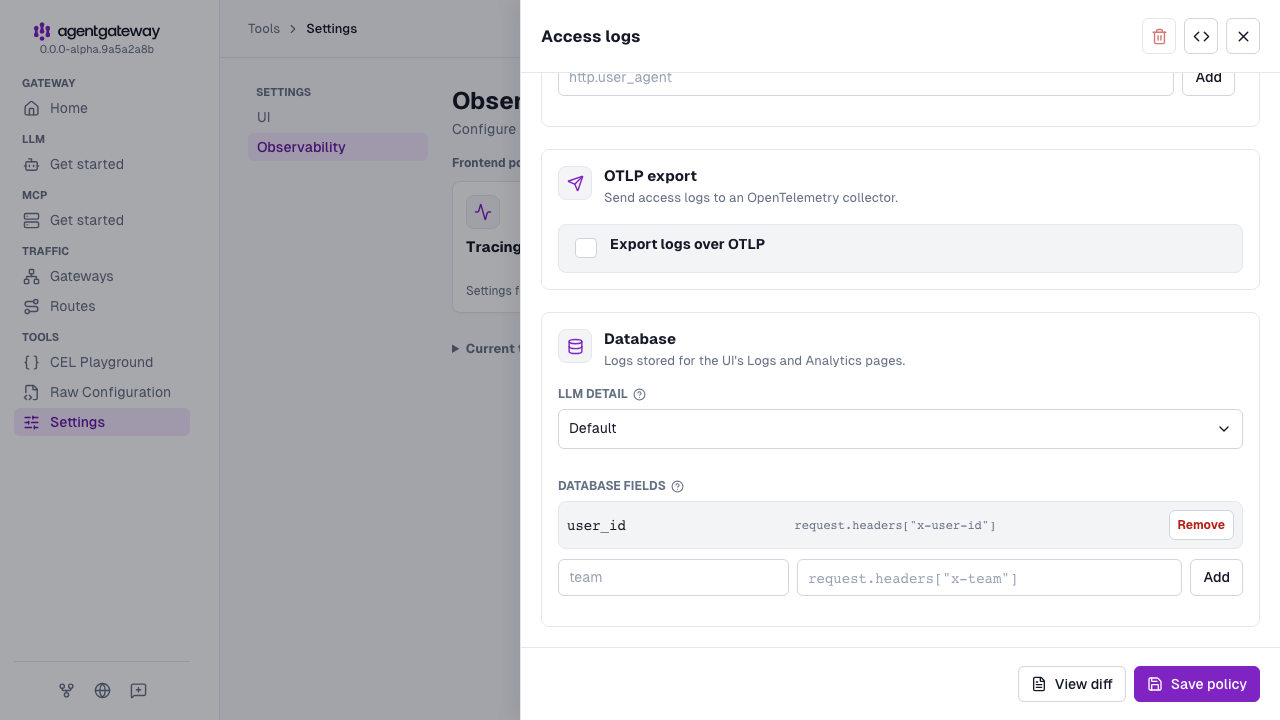 Access logs drawer with the Database section, where the database fields list has a user_id field set to the x-user-id request header