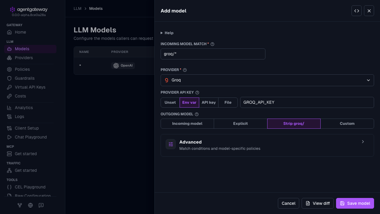 Add model drawer with Groq selected as the provider, groq/* as the incoming model match, and GROQ_API_KEY as the environment variable for the provider API key