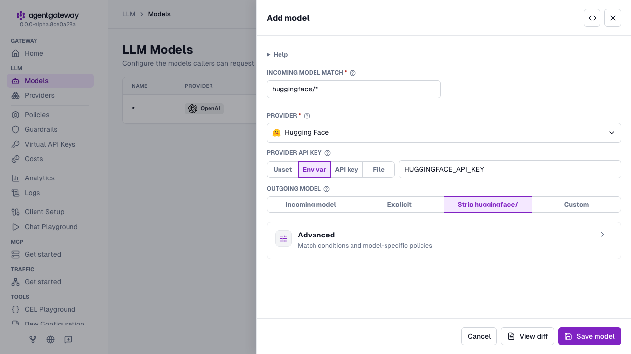 Add model drawer with Hugging Face selected as the provider, huggingface/* as the incoming model match, and HUGGINGFACE_API_KEY as the environment variable for the provider API key