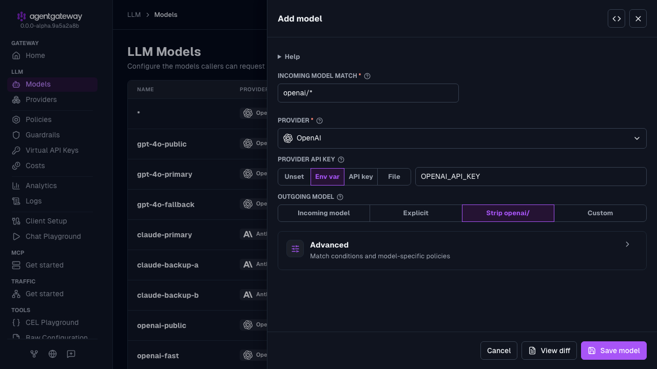Add model drawer with the OpenAI provider, the default openai/* match, the OPENAI_API_KEY environment variable, and Strip openai/ as the outgoing model