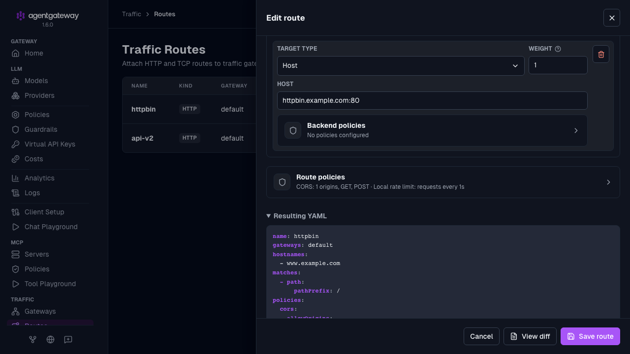 Edit route drawer with a host backend, a Backend policies row, a Route policies row for CORS and rate limits, and a View diff button